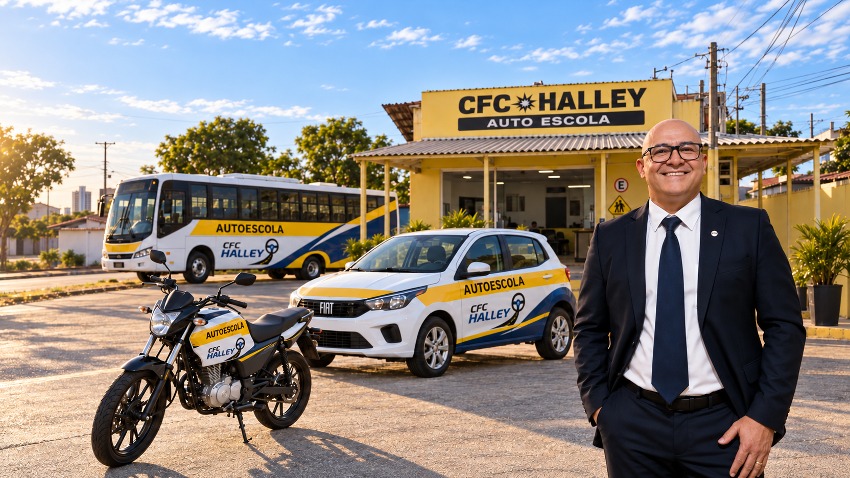 Dr. Carlos Santos diante da frota e da sede da Auto Escola Halley